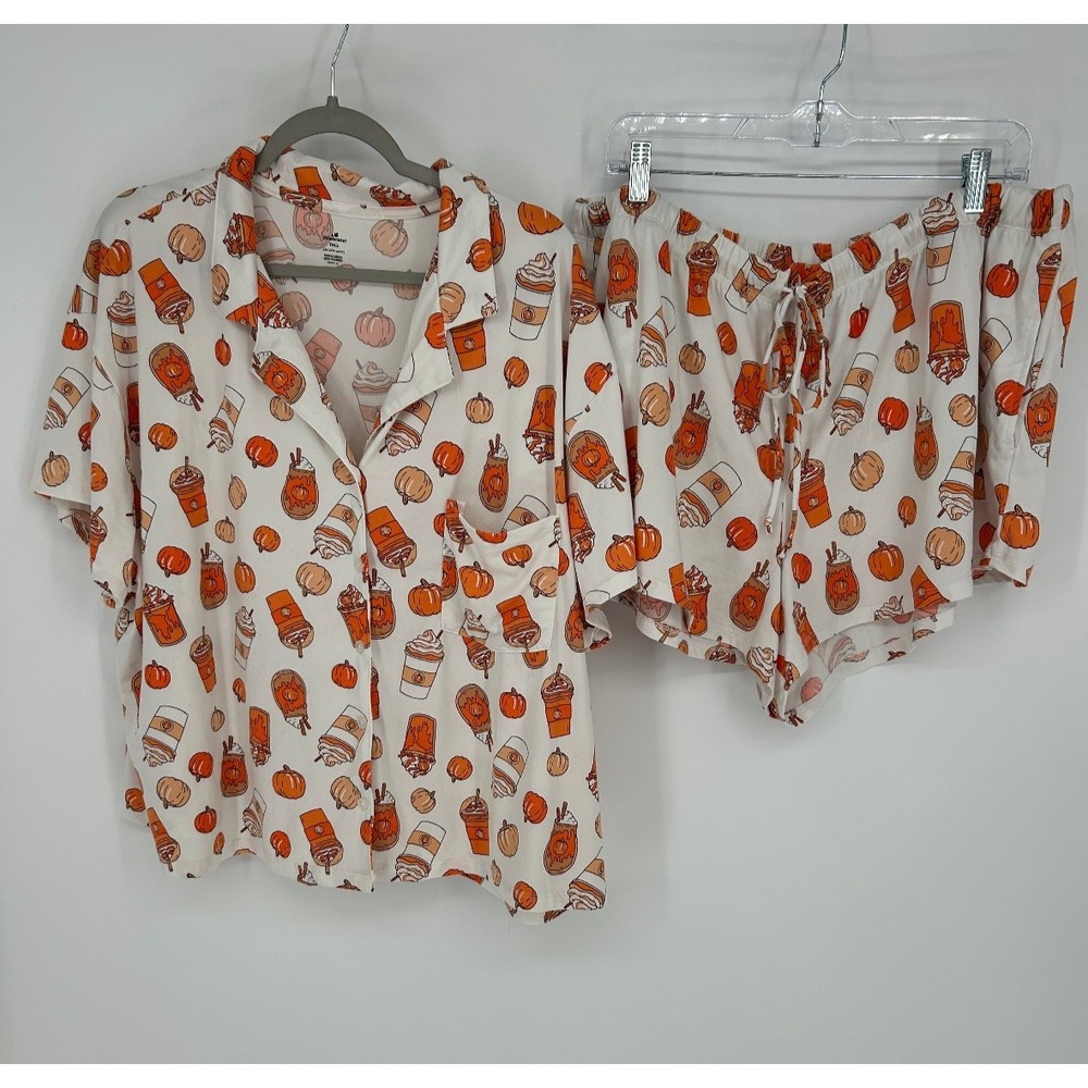 Way To Celebrate Halloween Fall Pajama Set 2X 18W-20W Pumpkin Coffee Print